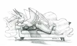 Size: 1500x899 | Tagged: alicorn, anthro, artist:baron engel, big breasts, breasts, bunny ears, bunnylestia, bunny suit, busty princess celestia, cleavage, clothes, couch, curvy, cutie mark, derpibooru import, female, grayscale, horn, hourglass figure, legs, mare, monochrome, pencil drawing, playboy bunny, praise the sun, princess celestia, prone, royalty, simple background, sketch, solo, solo female, stupid sexy celestia, suggestive, traditional art, unguligrade anthro, white background, wings