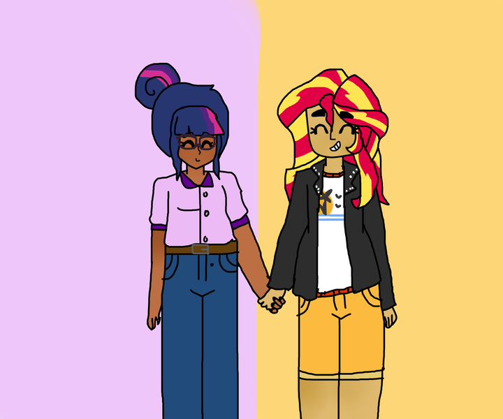 Size: 1738x1448 | Tagged: safe, artist:furawachan, derpibooru import, sci-twi, sunset shimmer, twilight sparkle, equestria girls, dark skin, eyes closed, female, heart, holding hands, human coloration, lesbian, scitwishimmer, shipping, smiling, sunsetsparkle