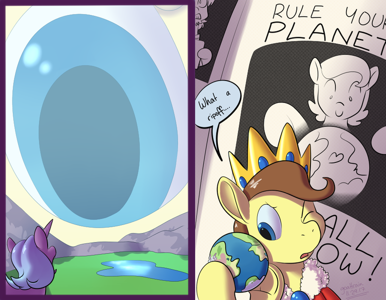 Size: 900x700 | Tagged: safe, artist:goat train, deleted from derpibooru, derpibooru import, oc, oc:tomson, unofficial characters only, pony, unicorn, commission, crown, dialogue, giant eye in the sky, giant pony, jewelry, macro, male, planet, pony bigger than a planet