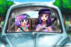 Size: 1100x733 | Tagged: artist:racoonsan, aunt and niece, auntie twilight, backpack, blushing, car, clothes, cute, :d, dawwww, derpibooru import, driving, duo, eyeshadow, female, flurrybetes, happy, human, humanized, looking at each other, makeup, older, older flurry heart, open mouth, princess flurry heart, racoonsan is trying to murder us, safe, sitting, smiling, twiabetes, twilight is bae, twilight sparkle, twilight sparkle (alicorn), vehicle, volkswagen, volkswagen beetle, weapons-grade cute, wings