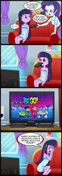 Size: 713x2000 | Tagged: safe, artist:madmax, derpibooru import, edit, rarity, twilight sparkle, human, equestria girls, comic, exploitable meme, meme, mother of celestia, mouth hold, pony (sony), teen titans go, television, towel, what's wrong with this place