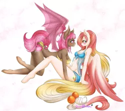 Size: 1563x1385 | Tagged: suggestive, artist:bunnywhiskerz, derpibooru import, oc, oc:lelun, oc:leluna, oc:summer peach, unofficial characters only, anthro, bat pony, pegasus, unguligrade anthro, anthro oc, babydoll, bat pony oc, belly button, blue underwear, blushing, bra, breasts, clothes, commission, female, frilly underwear, lesbian, lingerie, looking at each other, mare, nightgown, oc x oc, panties, ribbon, shipping, smiling, underwear, yellow underwear