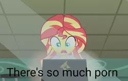 Size: 1014x646 | Tagged: suggestive, derpibooru import, edit, edited screencap, screencap, sunset shimmer, equestria girls, friendship games, the science of magic, computer, image macro, laptop computer, meme, oh crap face, solo, sunset the science gal, ted, ted 2