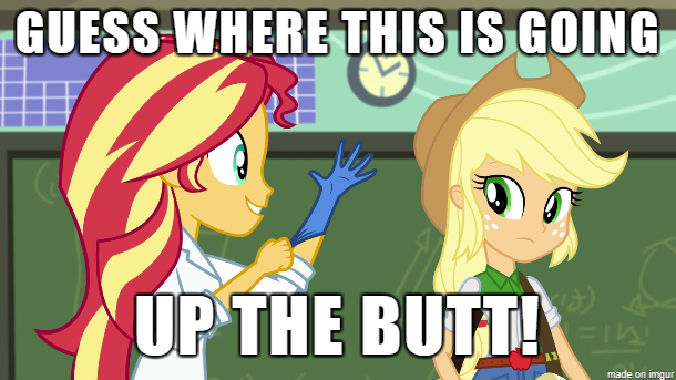 Size: 610x343 | Tagged: suggestive, derpibooru import, edit, edited screencap, screencap, applejack, sunset shimmer, equestria girls, friendship games, the science of magic, appleshimmer, female, image macro, implied anal fisting, lesbian, meme, right up the butt, shipping