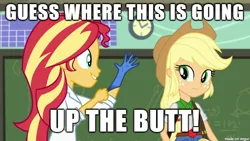 Size: 610x343 | Tagged: suggestive, derpibooru import, edit, edited screencap, screencap, applejack, sunset shimmer, equestria girls, friendship games, the science of magic, appleshimmer, female, image macro, implied anal fisting, lesbian, meme, right up the butt, shipping