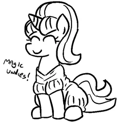 Size: 475x480 | Tagged: safe, artist:jargon scott, derpibooru import, starlight glimmer, pony, unicorn, black and white, clothes, dialogue, eyes closed, female, grayscale, mare, monochrome, mormons, simple background, sitting, smiling, solo, underwear, white background