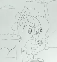Size: 703x766 | Tagged: safe, artist:tjpones, derpibooru import, oc, oc:brownie bun, unofficial characters only, earth pony, pony, horse wife, beach, bendy straw, bipedal, bipedal leaning, chest fluff, cocktail, drink, drinking, drinking straw, ear fluff, female, grayscale, leaning, lineart, mare, monochrome, ocean, solo, traditional art