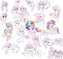 Size: 922x873 | Tagged: safe, artist:pinkablue, derpibooru import, applejack, fluttershy, pinkie pie, rainbow dash, rarity, twilight sparkle, twilight sparkle (alicorn), alicorn, earth pony, pegasus, pony, unicorn, :3, alternate hairstyle, bipedal, book, bust, descriptive noise, eyes closed, female, flarity, fusion, hoof hold, hug, lesbian, looking at you, mane six, mare, nuzzling, open mouth, partial color, pinkiedash, raised hoof, reading, shipping, simple background, sketch, sketch dump, smiling, teary eyes, tongue out, twijack, white background