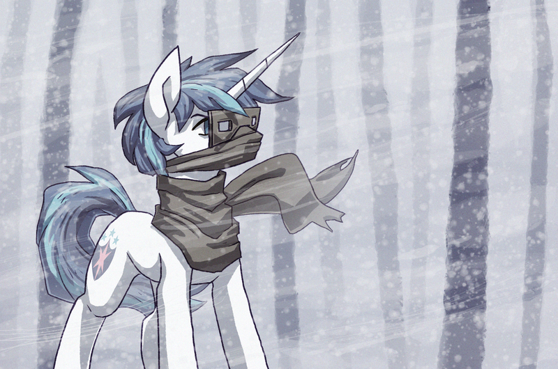 Size: 2245x1488 | Tagged: safe, artist:koviry, derpibooru import, shining armor, pony, unicorn, blizzard, clothes, forest, goggles, male, scarf, snow, snow goggles, snowfall, solo, stallion, tree