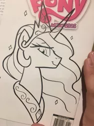 Size: 1536x2048 | Tagged: safe, artist:tonyfleecs, derpibooru import, idw, princess celestia, pony, bust, comic, commission, crown, irl, jewelry, photo, regalia, solo, tisa, traditional art