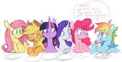 Size: 1700x868 | Tagged: safe, artist:xenon, derpibooru import, applejack, fluttershy, pinkie pie, rainbow dash, rarity, twilight sparkle, twilight sparkle (alicorn), alicorn, earth pony, pegasus, pony, shrimp, unicorn, chest fluff, cloven hooves, colored sketch, cowboy hat, curved horn, disgusted, eye clipping through hair, female, food, hat, hoof hold, mane six, mare, no pupils, plate, ponies eating meat, ponies eating seafood, seafood, simple background, speech bubble, unshorn fetlocks, varying degrees of want, white background