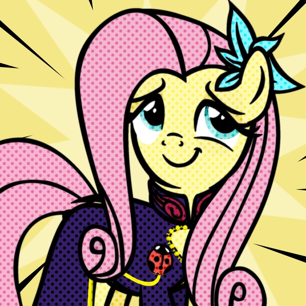 Size: 1774x1774 | Tagged: safe, artist:daku, derpibooru import, fluttershy, ponified, ladybug, pegasus, pony, ben-day dots, bust, clothes, cmyk dots, crossover, female, flower, flower in hair, fluttergio, giorno giovanna, jojo's bizarre adventure, modern art, pop art, portrait, smiling, thats bullshit but i believe it, vento aureo