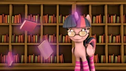 Size: 1920x1080 | Tagged: safe, artist:yellencandy, derpibooru import, twilight sparkle, twilight sparkle (alicorn), alicorn, pony, 3d, book, bookhorse, bookshelf, clothes, female, folded wings, glasses, looking at you, magic, mare, smiling, socks, solo, striped socks, that pony sure does love books