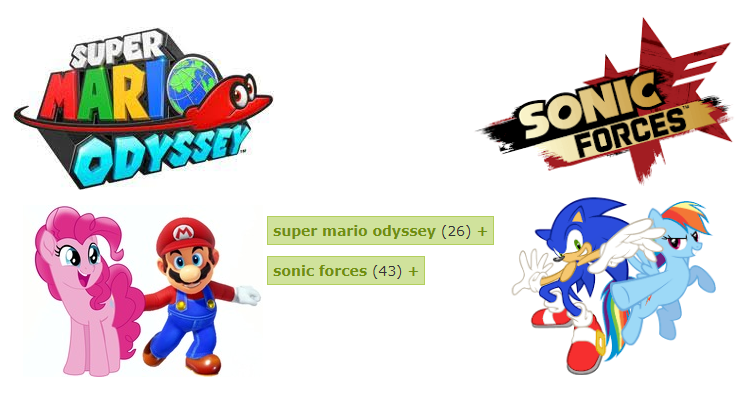 Size: 748x402 | Tagged: comparison, crossover, derpibooru import, female, interspecies, male, mario, mariopie, pinkie pie, rainbow dash, safe, shipping, sonicdash, sonic forces, sonic the hedgehog, sonic the hedgehog (series), straight, super mario odyssey, video game