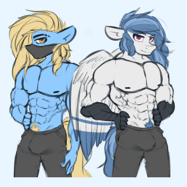 Size: 1000x1000 | Tagged: questionable, artist:somecunt, derpibooru import, oc, oc:blank space, oc:delta dart, unofficial characters only, anthro, earth pony, hippogriff, abs, baneposting, clothes, crotch bulge, male, males only, mask, muscles, pubic hair, talons