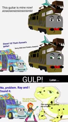 Size: 720x1280 | Tagged: safe, artist:dwayneflyer, derpibooru import, ray, sunset shimmer, gecko, equestria girls, bus, comic, crossover, diesel 10, fetish, guitar, ray the lizard, thomas the tank engine, tour bus, vore, wat
