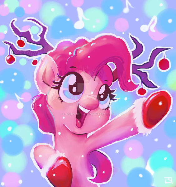 Size: 1280x1359 | Tagged: safe, artist:asurabella, derpibooru import, pinkie pie, my little pony: the movie, antlers, christmas, christmas ornament, clothes, cute, decoration, diapinkes, holiday, reindeer antlers, snow, socks, solo, watermark