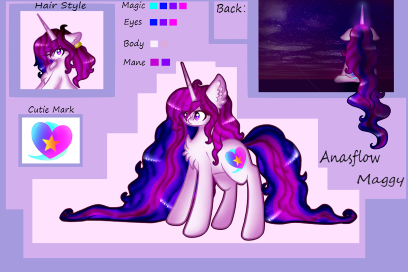 Size: 1024x683 | Tagged: safe, artist:anasflow, derpibooru import, oc, oc:anasflow maggy, unofficial characters only, pony, unicorn, chest fluff, female, long mane, long tail, mare, reference sheet, solo