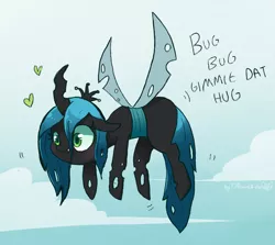 Size: 1553x1387 | Tagged: safe, artist:dsp2003, artist:tjpones, derpibooru import, queen chrysalis, changeling, changeling queen, insect, blushing, cloud, collaboration, colored, cute, cutealis, dsp2003 is trying to murder us, fangs, female, floppy ears, flying, heart, hug, hug request, hugs 4 bugs, image, png, single panel, sketch, solo, tjpones is trying to murder us