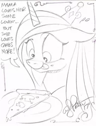 Size: 844x1113 | Tagged: safe, artist:andypriceart, derpibooru import, princess cadance, alicorn, pony, black and white, commission, diet, female, food, grayscale, lineart, mare, monochrome, pizza, silly, silly pony, simple background, solo, tongue out, white background