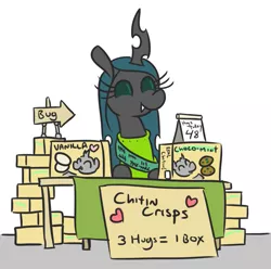 Size: 783x776 | Tagged: artist:jargon scott, boxes, changeling, clothes, cookie, cute, cutealis, derpibooru import, fangs, female, food, hugs 4 bugs, queen chrysalis, safe, sign, smiling, solo