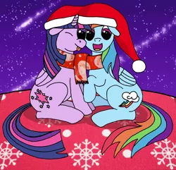 Size: 2352x2268 | Tagged: safe, artist:dragooon, derpibooru import, rainbow dash, twilight sparkle, twilight sparkle (alicorn), alicorn, backwards cutie mark, christmas, clothes, cute, dashabetes, female, hat, holiday, lesbian, santa hat, scarf, shared clothing, shipping, shooting star, smiling, stars, tongue out, twiabetes, twidash