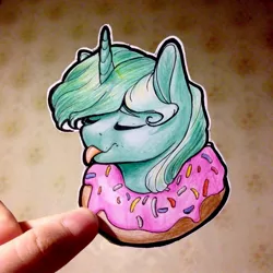 Size: 1024x1024 | Tagged: safe, artist:evakulisreal, derpibooru import, lyra heartstrings, pony, donut, eyes closed, food, hand, irl, photo, solo, tongue out, traditional art