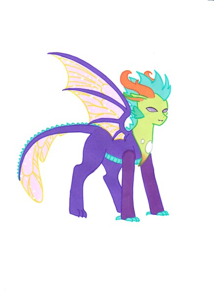 Size: 1275x1750 | Tagged: artist:ocean-drop, derpibooru import, dragonling, hybrid, interspecies offspring, magical gay spawn, oc, oc:dragonfly, offspring, parent:spike, parents:thoraxspike, parent:thorax, safe, simple background, solo, unofficial characters only, white background