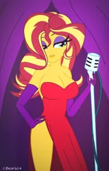 Size: 1484x2332 | Tagged: suggestive, artist:cbear624, derpibooru import, sunset shimmer, equestria girls, bare shoulders, bedroom eyes, breasts, busty sunset shimmer, cleavage, clothes, cocktail dress, cosplay, costume, dress, evening gloves, eyeshadow, female, gloves, hand on hip, jessica rabbit, jessica rabbit dress, legs, long gloves, makeup, microphone, red dress, sexy, side slit, solo, solo female, stupid sexy sunset shimmer, thighs