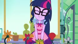Size: 1280x720 | Tagged: safe, derpibooru import, screencap, sci-twi, twilight sparkle, equestria girls, equestria girls series, my little shop of horrors, apron, cactus, clothes, cute, eyes closed, flower, gloves, plant, room to grow, smiling, solo, twiabetes