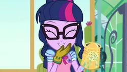 Size: 1280x720 | Tagged: safe, derpibooru import, screencap, sci-twi, twilight sparkle, equestria girls, equestria girls series, my little shop of horrors, ^^, apron, bowtie, cute, eyes closed, female, giggling, glasses, gloves, grin, smiling, solo, twiabetes, watering can