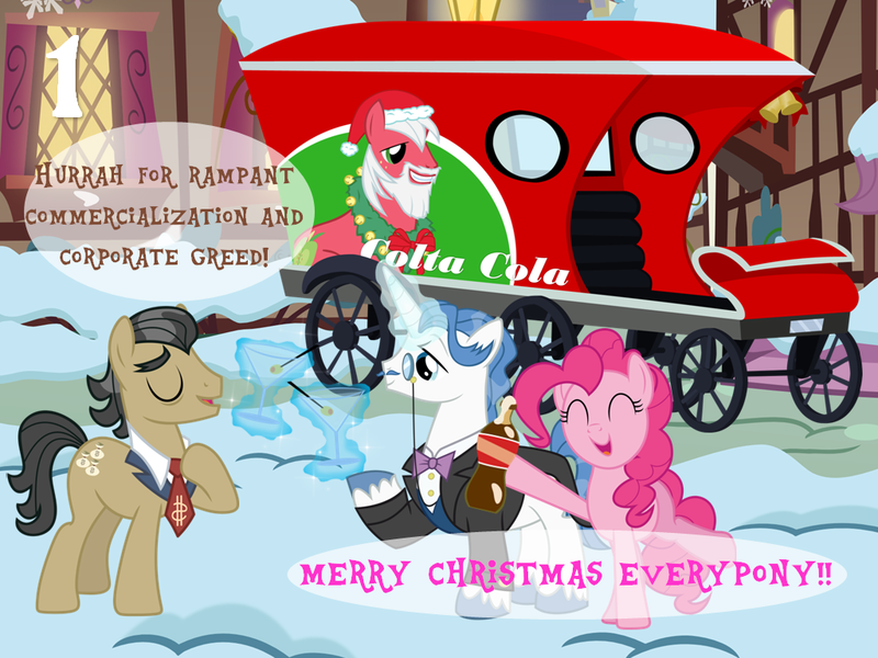 Size: 1024x768 | Tagged: safe, artist:bronybyexception, derpibooru import, big macintosh, fancypants, filthy rich, pinkie pie, pony, advent calendar, alcohol, carriage, christmas, coca-cola, cocktail glass, commercial, commercial reference, female, holiday, male, mare, martini, santa hooves, snow, stallion