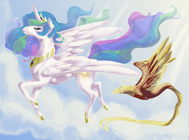 Size: 3182x2351 | Tagged: safe, artist:asterdog, derpibooru import, philomena, princess celestia