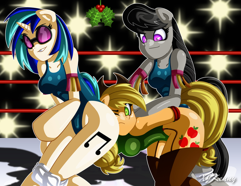 Size: 1000x775 | Tagged: suggestive, artist:xjkenny, derpibooru import, applejack, octavia melody, vinyl scratch, anthro, earth pony, unguligrade anthro, unicorn, arm hooves, breasts, clothes, facesitting, female, holly, holly mistaken for mistletoe, kiss my ass, leotard, mare, smiling, sports, trio, wrestling, wrestling ring