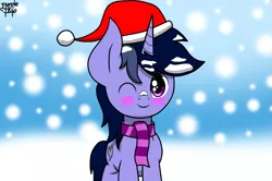 Size: 2257x1500 | Tagged: safe, artist:kimjoman, derpibooru import, oc, oc:purple flix, unofficial characters only, accessories, blushing, christmas, clothes, cute, hat, holiday, looking at you, male, one eye closed, scarf, snow, solo, standing, wink, winter