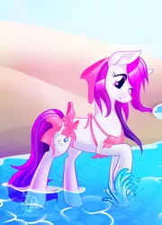 Size: 1440x2000 | Tagged: safe, artist:varaann, derpibooru import, oc, oc:gale force, unofficial characters only, earth pony, pony, beach, bra, bra on pony, clothes, female, mare, solo, splashing, sports bra, swimsuit