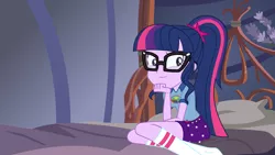 Size: 3840x2160 | Tagged: safe, artist:phucknuckl, derpibooru import, sci-twi, twilight sparkle, equestria girls, legend of everfree, legend of everfree - bloopers, bed, breasts, camp everfree outfits, clothes, cute, female, glasses, inkscape, missing shoes, shorts, socks, solo, tent, twiabetes, vector, wallpaper