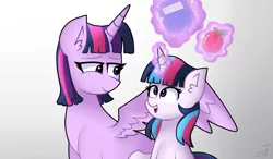 Size: 1024x597 | Tagged: safe, artist:sweetpieee, derpibooru import, twilight sparkle, twilight sparkle (alicorn), oc, alicorn, pony, unicorn, female, filly, magical lesbian spawn, mother and daughter, offspring, parent:rainbow dash, parent:twilight sparkle, parents:twidash