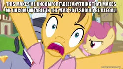 Size: 800x450 | Tagged: caramel, derpibooru import, diamond cutter, dizzy twister, dramamel, edit, edited screencap, fame and misfortune, family guy, image macro, meme, orange swirl, rainbowshine, safe, screencap, social justice warrior