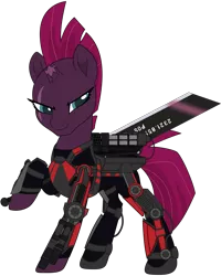 Size: 3693x4620 | Tagged: safe, artist:sonofaskywalker, derpibooru import, tempest shadow, pony, unicorn, my little pony: the movie, armor, blade, broken horn, colored pupils, crossover, edge of tomorrow, emily blunt, female, high res, mare, power armor, powered exoskeleton, propeller blade, raised hoof, rita vrataski, simple background, smiling, smirk, solo, sword, transparent background, voice actor joke, weapon