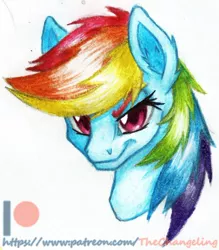 Size: 1024x1167 | Tagged: artist:thatonegib, bust, colored pencil drawing, derpibooru import, ear fluff, grin, looking at you, patreon, patreon logo, portrait, rainbow dash, safe, smiling, solo, traditional art