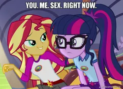 Size: 800x579 | Tagged: suggestive, derpibooru import, edit, edited screencap, screencap, sci-twi, sunset shimmer, twilight sparkle, equestria girls, legend of everfree, caption, clothes, female, image macro, implied sex, lesbian, meme, scitwishimmer, shipping, sunsetsparkle