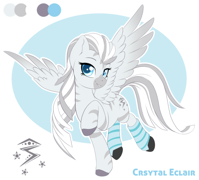 Size: 1050x950 | Tagged: safe, artist:peridotkitty, derpibooru import, oc, oc:crystal eclair, unofficial characters only, pegasus, pony, zebra, zebroid, fallout equestria, clothes, commission, female, looking at you, mare, reference sheet, simple background, socks, striped socks, transparent background, zebra oc