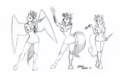 Size: 1500x938 | Tagged: suggestive, artist:baron engel, derpibooru import, apple bloom, scootaloo, sweetie belle, anthro, earth pony, pegasus, unguligrade anthro, unicorn, breasts, cutie mark crusaders, grayscale, monochrome, nurse outfit, older, older apple bloom, older scootaloo, older sweetie belle, pencil drawing, simple background, sketch, smiling, traditional art, trio, white background