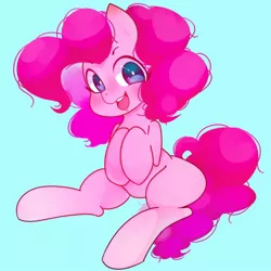 Size: 1000x1000 | Tagged: safe, artist:koto, derpibooru import, pinkie pie, earth pony, pony, female, looking at you, mare, missing cutie mark, open mouth, pixiv, simple background, sitting, smiling, solo
