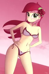 Size: 845x1267 | Tagged: suggestive, artist:zelc-face, derpibooru import, roseluck, equestria girls, adorasexy, alternative cutie mark placement, beach babe, bicolor swimsuit, bikini, bikini babe, breasts, busty roseluck, clothes, crotchmark, cute, female, flower, flower in hair, hand on hip, looking at you, red swimsuit, sexy, side-tie bikini, small breasts, smiling, solo, solo female, string bikini, swimsuit, water, zelc-face's swimsuits
