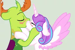 Size: 491x329 | Tagged: safe, artist:rose-moonlightowo, derpibooru import, princess flurry heart, thorax, alicorn, changedling, changeling, pony, base used, blushing, female, flurrax, king thorax, kissing, male, mare, older, older flurry heart, shipping, simple background, stallion, straight