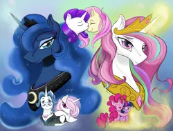 Size: 4263x3237 | Tagged: safe, artist:firimil, derpibooru import, fancypants, fleur-de-lis, fluttershy, pinkie pie, princess celestia, princess luna, rarity, twilight sparkle, alicorn, earth pony, pegasus, pony, unicorn, fanfic, fanfic:the folly of princesses, fancyfleur, fanfic art, fanfic cover, female, flarity, lesbian, male, mare, pink-mane celestia, polyamory, shipping, stallion, straight, twilestia, twinkie, twinklestia pie