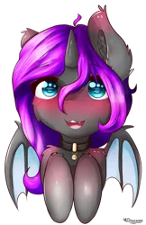 Size: 555x856 | Tagged: safe, artist:kourma, derpibooru import, oc, unofficial characters only, alicorn, bat pony, alicorn oc, blushing, bust, collar, cute, ear fluff, female, fluffy, looking at you, open mouth, simple background, smiling, solo, transparent background, ych result