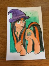 Size: 2448x3264 | Tagged: safe, artist:scruffy-scribbles, derpibooru import, oc, oc:pumpkin spice, unofficial characters only, pony, hat, solo, traditional art, witch hat